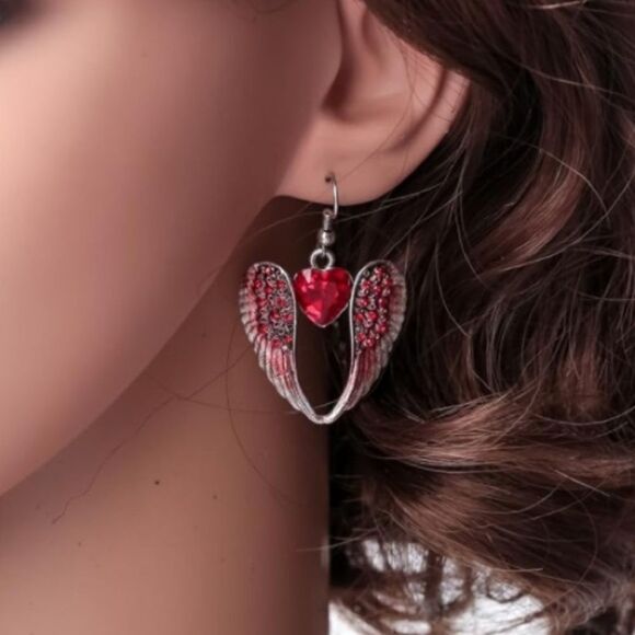 Silver with Ruby Red Crystal Angel Wing with Heart Dangling Hook Earrings - Picture 4 of 5